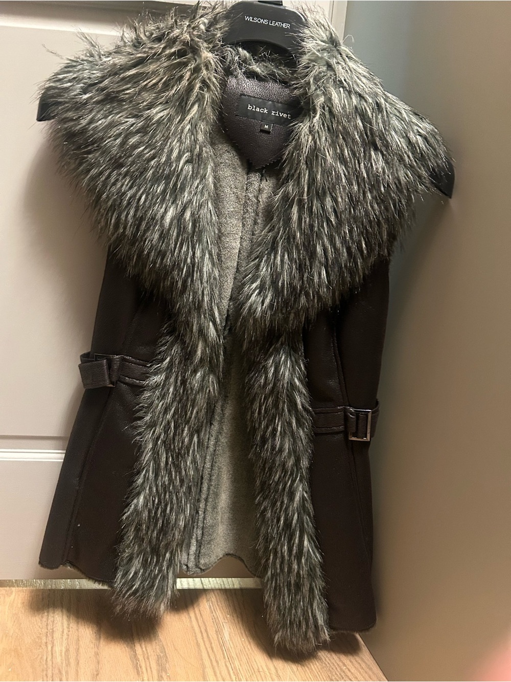 Black Rivet Faux Fur Trimmed Vest in Charcoal and Gray